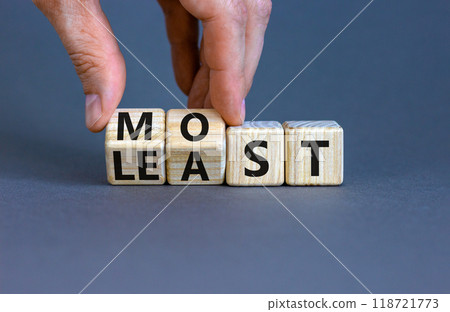 Most or least symbol. Businessman turns beautiful wooden cubes and changes the word Least to Most. Beautiful grey table grey background. Copy space. Business and most or least concept. Most or least symbol. Businessman turns beautiful wooden cubes and changes the word Least to Most. Beautiful grey table grey background. Copy space. Business and most or least concept. 118721773