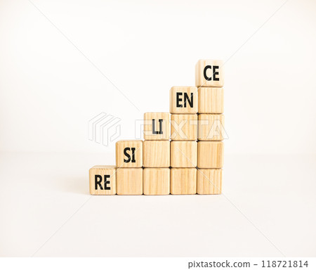 Resilience symbol. Concept word Resilience on beautiful wooden blocks. Beautiful white background. Business resilience concept. Copy space. Resilience symbol. Concept word Resilience on beautiful wooden blocks. Beautiful white background. Business resilience concept. Copy space. 118721814