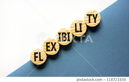 Flexibility symbol. Concept word Flexibility on beautiful wooden circles. Beautiful white and blue background. Business flexibility concept. Copy space. Flexibility symbol. Concept word Flexibility on beautiful wooden circles. Beautiful white and blue background. Business flexibility concept. Copy space. 118721830
