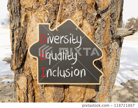 DEI diversity equality inclusion symbol. Concept words DEI diversity equality inclusion on yellow blackboard. Beautiful tree background. Business DEI diversity equality inclusion concept. Copy space. 118721887