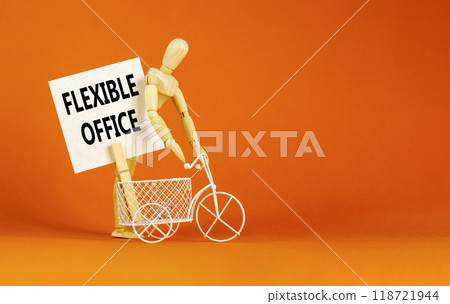 Flexible office symbol. Concept words Flexible office on beautiful white paper on wooden clothespin. Beautiful orange background. Bike model. Business Flexible office concept. Copy space. 118721944