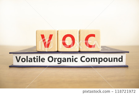 VOC volatile organic compound symbol. Concept words VOC volatile organic compound on beautiful wooden blocks. Beautiful white background. Business VOC volatile organic compound concept. Copy space. 118721972
