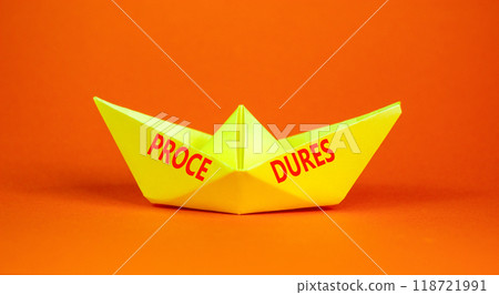 Procedures symbol. Concept word Procedures on beautiful yellow paper boat. Beautiful orange background. Business procedures concept. Copy space. 118721991