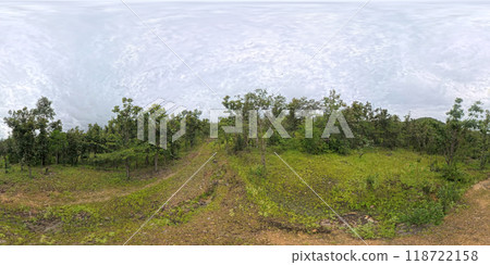 Panoramic view of deserted path with tropical trees in a mountain park in the rainy season. Panoramic view of deserted path with tropical trees in a mountain park in the rainy season. 118722158