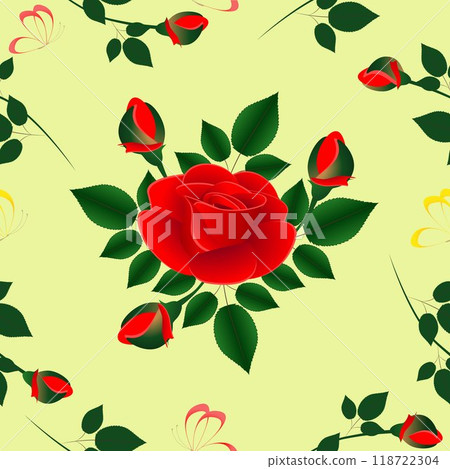 Bouquet of red roses with butterflies and branches of buds on a yellow background, seamless pattern. 118722304