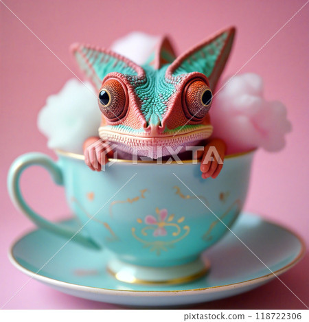 Chameleon relaxing in fancy teacup with cotton candy 118722306