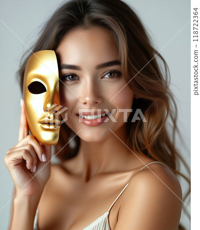 Beautiful woman holding golden mask smiling at camera 118722364