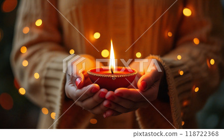 Woman holding a burning diya with bokeh lights in the background 118722368