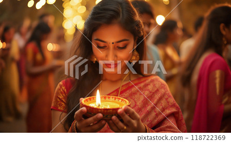 Young indian woman holding diya lamp celebrating diwali festival Young indian woman holding diya lamp celebrating diwali festival 118722369