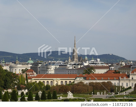 View of the gardens from the Upper Belvedere with the roof of St. Stephen's Cathedral (Stephansdom) in the distance, Vienna. View of the gardens from the Upper Belvedere with the roof of St. Stephen's Cathedral (Stephansdom) in the distance, Vienna. 118722516