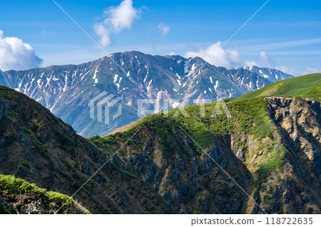 Climbing Mt. Ogouchi in the Southern Alps in early summer - Mt. Arakawa Nakadake seen from the hiking trail to Mt. Mae-Ogouchi Climbing Mt. Ogouchi in the Southern Alps in early summer - Mt. Arakawa Nakadake seen from the hiking trail to Mt. Mae-Ogouchi 118722635