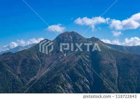初夏的南阿爾卑斯山小河內山 從大河內山前山頂看到的鹽見山。 初夏的南阿爾卑斯山小河內山 從大河內山前山頂看到的鹽見山。 118722643