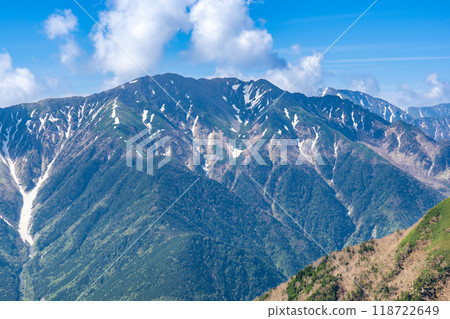 Climbing Mt. Ogouchi in the Southern Alps in early summer - Mt. Arakawa Nakadake seen from the summit of Mt. Mae-Ogouchi Climbing Mt. Ogouchi in the Southern Alps in early summer - Mt. Arakawa Nakadake seen from the summit of Mt. Mae-Ogouchi 118722649
