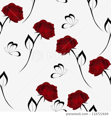 Red velvet roses with butterflies on a white background, seamless pattern. Red velvet roses with butterflies on a white background, seamless pattern. 118722689