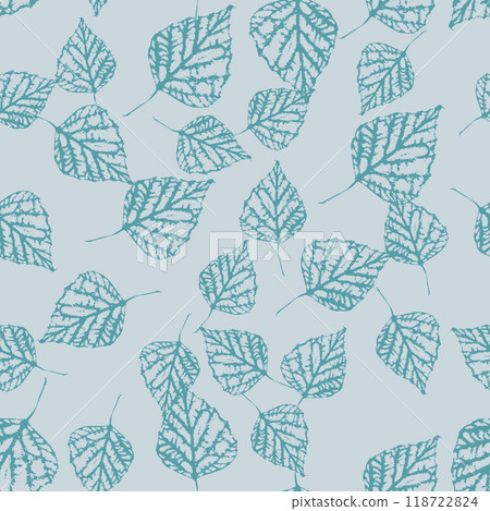 Seamless pattern with monochrome teal tree leaves stamps 118722824