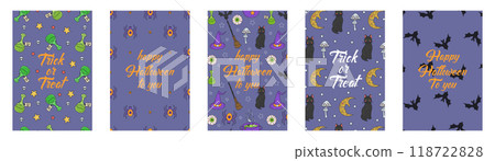 Set of Cards or posters with cute hand drawn Halloween illustrations and greetings 118722828
