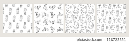 Set of 4 black and white Seamless patterns with cute hand drawn Halloween motifs 118722831
