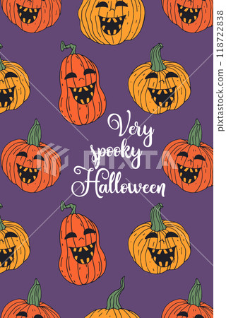 Card or poster with cute Halloween illustration with jack-o-lantern pumpkins 118722838