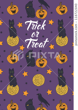 Card or poster with cute Halloween illustration with witchy cats and moons 118722840