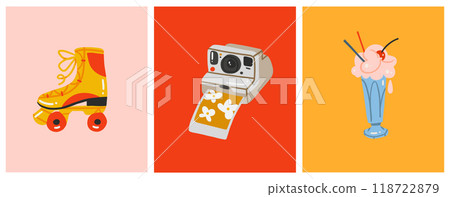 Set of summer retro cartoon 80s-90 snostalgia elements. Hand drawn retro Icons collection set with retro phones,roller skates,ice cream and vintage symbols.Nostalgia set of 1990s,1980s modern symbols. 118722879