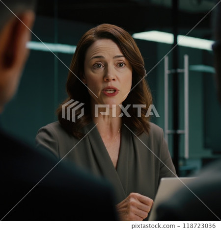 A woman leading a corporate meeting, speaking confidently in a modern office. Her professional attire and focused expression highlight leadership, ambition, and empowerment. Gender equality A woman leading a corporate meeting, speaking confidently in a modern office. Her professional attire and focused expression highlight leadership, ambition, and empowerment. Gender equality 118723036