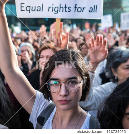 A young female activist at a peaceful protest for gender equality with a sign reading 'Equal Rights for All.' Her looks are serious and determined. Gender equality. A young female activist at a peaceful protest for gender equality with a sign reading 'Equal Rights for All.' Her looks are serious and determined. Gender equality. 118723053