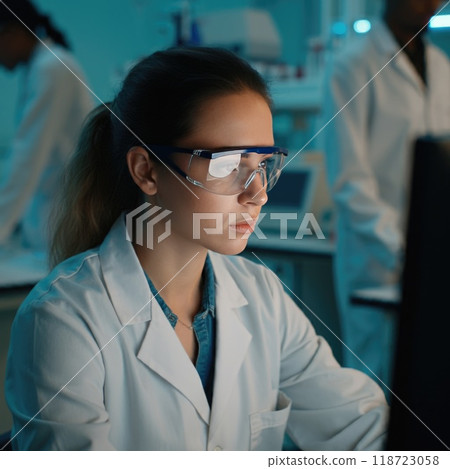 A young female scientist in a white coat and goggles analyzes data on a computer in a modern lab. The focused atmosphere highlights innovation, teamwork, and women in STEM. A young female scientist in a white coat and goggles analyzes data on a computer in a modern lab. The focused atmosphere highlights innovation, teamwork, and women in STEM. 118723058