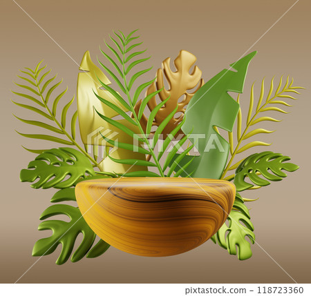 Wooden podium with palm leaf 3d render. Natural wood platform for beauty product presentation. Nature scene with pedestal mockup. Cosmetic display with gold and green tropical leaves. 3D illustration Wooden podium with palm leaf 3d render. Natural wood platform for beauty product presentation. Nature scene with pedestal mockup. Cosmetic display with gold and green tropical leaves. 3D illustration 118723360