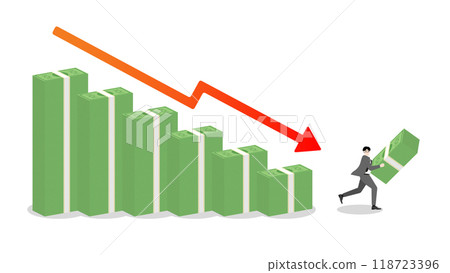 A businessman holds banknotes, runs away from stack of money bar chart with red graph down. Withdraw capital in business recession, economic strategy, financial, market performance, loss management A businessman holds banknotes, runs away from stack of money bar chart with red graph down. Withdraw capital in business recession, economic strategy, financial, market performance, loss management 118723396