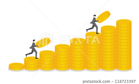 Businessmen hold coins, run on stack of money in bar chart. Complete of business competiition, pursuit of economic success, financial management, capital market performance, and profit growth Businessmen hold coins, run on stack of money in bar chart. Complete of business competiition, pursuit of economic success, financial management, capital market performance, and profit growth 118723397