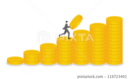 A businessman holds a coin, runs on stack of money in bar chart. Concepts of business development, pursuit of economic success, financial management, capital market performance, and profit growth A businessman holds a coin, runs on stack of money in bar chart. Concepts of business development, pursuit of economic success, financial management, capital market performance, and profit growth 118723401