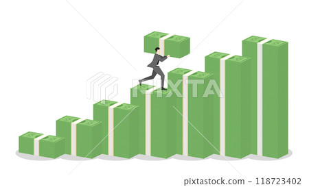 A businessman holds banknotes, runs on stack of money in bar chart. Concepts of business development, pursuit of economic success, financial management, capital market performance, and profit growth A businessman holds banknotes, runs on stack of money in bar chart. Concepts of business development, pursuit of economic success, financial management, capital market performance, and profit growth 118723402