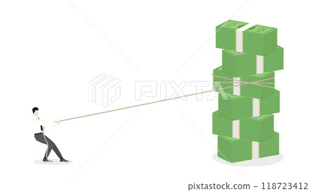 A businessman pulls a rope to money stack for grab banknotes. Challenge of job, business competition, hard working for position, company employee, salary growth, finance, and successful occupation 118723412