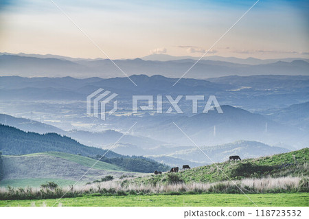 A view of the town and grazing cows from the top of the mountain 118723532