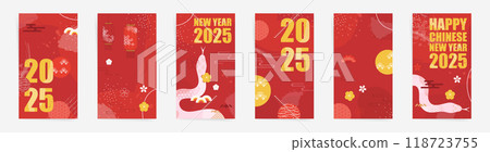 2025 Chinese New Year Vertical Banner Set. Year of the Snake Templates with Golden Snake and Round Ornaments. Red and Gold Abstract Designs for Lunar New Year Posts, Stories, Flyers, and Posters. 118723755