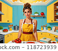 Thoughtful Home Cook Planning Meal in Cozy Kitchen. Culinary Dilemma: Puzzled Woman in Yellow Sundress Contemplating Recipes 118723939