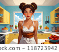 Flat Illustration of a Woman Pondering a Recipe in a Pastel Kitchen. Thoughtful Woman in Cozy Kitchen Contemplating Meal Ideas Flat Illustration of Everyday Cooking 118723942