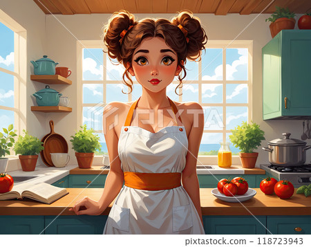 Thoughtful Home Cook Planning Meal in Cozy Kitchen. Culinary Dilemma: Puzzled Woman in Yellow Sundress Contemplating Recipes 118723943