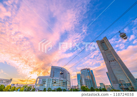 Yokohama cityscape in Japan in September. Overlooking the Yokohama Landmark Tower and the Minato Mirai district, Sakuragicho Station is in the background on the left. (26th) 118724038