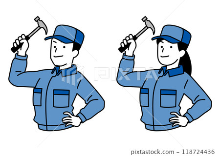 Set of men and women in overalls holding hammers 118724436