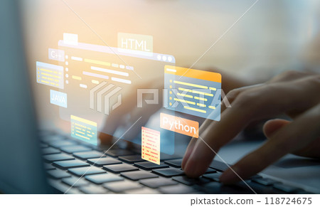 Software developer work with coding overlays of programming languages EIDE 118724675