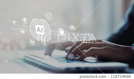 Human interact with AI artificial intelligence brain process generative AI EIDE 118724698