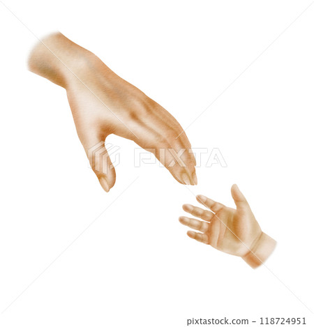 A hand of a mother's hand and a newborn baby reaching for it as a symbol of Motherhood ,tenderness, love, continuity, infinity.Hand drawn watercolor clipart on white background in soft colors A hand of a mother's hand and a newborn baby reaching for it as a symbol of Motherhood ,tenderness, love, continuity, infinity.Hand drawn watercolor clipart on white background in soft colors 118724951