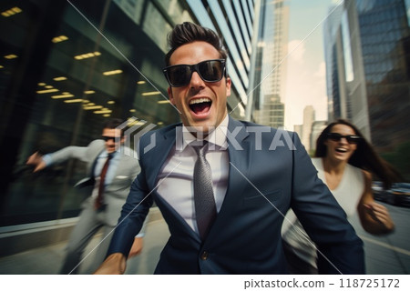 happy business people with sunglasses moving fast 118725172