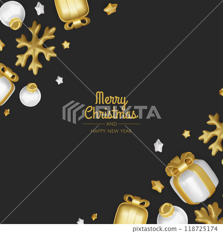 Happy New Year and Merry Christmas. Christmas holiday background with realistic 3d objects, xmas balls, metal stars, snowflake, gift box. 118725174