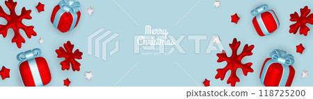 Christmas holiday banner. Christmas tree and xmas ball, gift, snowflakes. Gold and red glitter decoration. For holiday headers, cards, party posters. Christmas holiday banner. Christmas tree and xmas ball, gift, snowflakes. Gold and red glitter decoration. For holiday headers, cards, party posters. 118725200