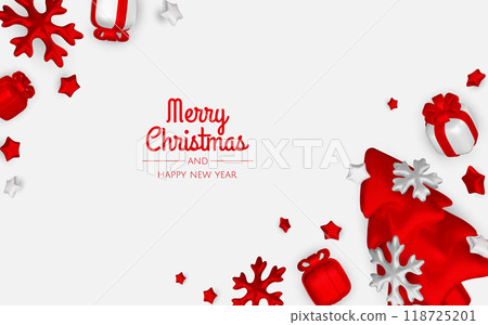Christmas winter festive composition. Colorful Xmas background realistic 3d decorative design objects, christmas tree, gift boxes, xmas ball, gold confetti. Happy New Year. Vector illustration Christmas winter festive composition. Colorful Xmas background realistic 3d decorative design objects, christmas tree, gift boxes, xmas ball, gold confetti. Happy New Year. Vector illustration 118725201