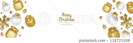 Christmas holiday banner. Christmas tree and xmas ball, gift, snowflakes. Gold and red glitter decoration. For holiday headers, cards, party posters. 118725209