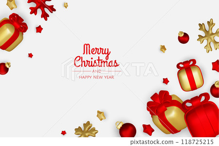 Happy New Year and Merry Christmas. Christmas holiday background with realistic 3d objects, xmas balls, metal stars, snowflake, gift box. Happy New Year and Merry Christmas. Christmas holiday background with realistic 3d objects, xmas balls, metal stars, snowflake, gift box. 118725215