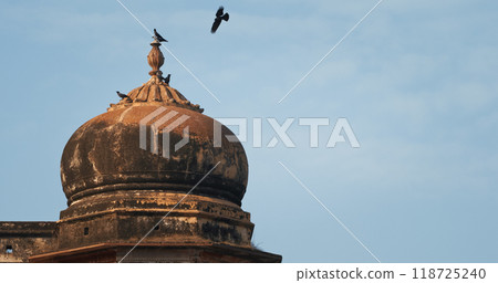 Varanasi, Uttar Pradesh, India. Crow Sits On A Tower Of Het Singh Fort, Jain Ghat. Clear Blue Sky. Flight. Ancient Fort. Red Wall Of Chet Singh Fort 118725240